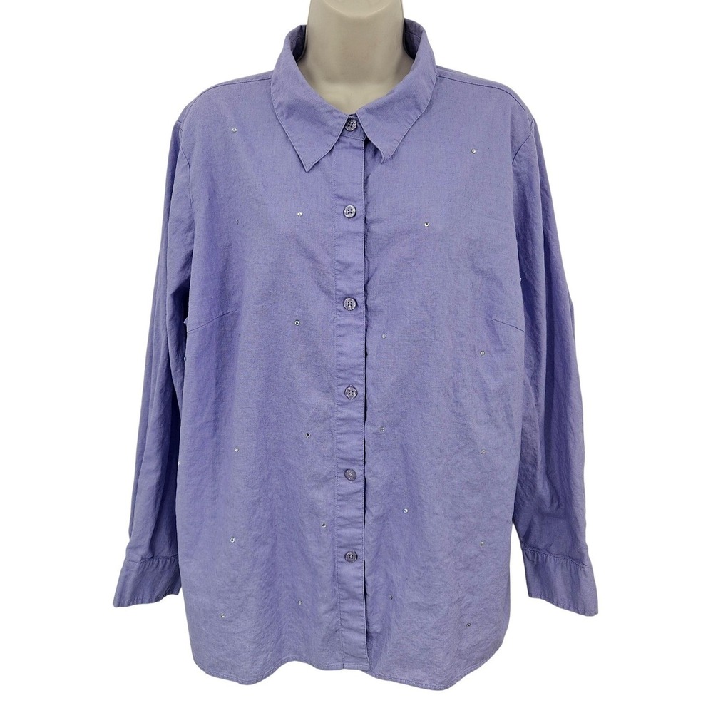 Quacker Factory Linen Shirt Women‎ 1X Purple Rhinestone Button Front Coastal
